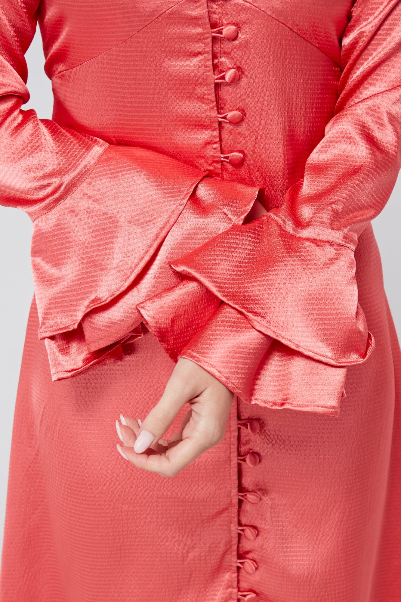Sakura Coral Pink Buttoned Front Midi Dress - TAHLIRA