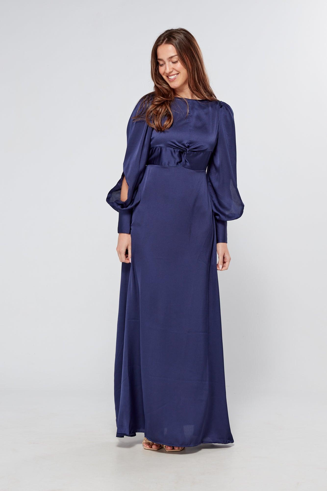 Romy Knotted Front Navy Crepe Maxi Dress - TAHLIRA