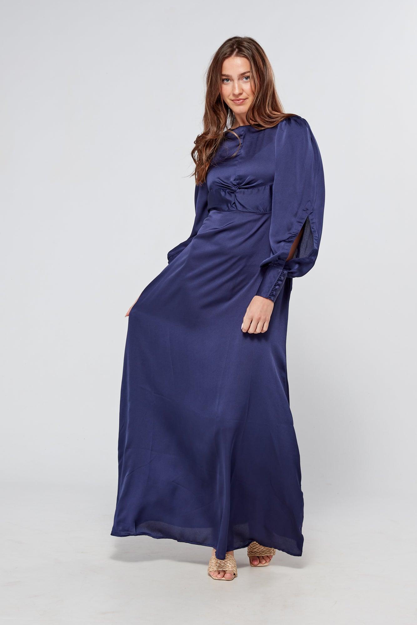 Romy Knotted Front Navy Crepe Maxi Dress - TAHLIRA