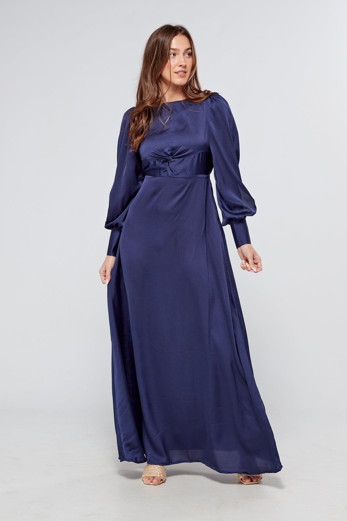 Romy Knotted Front Navy Crepe Maxi Dress - TAHLIRA