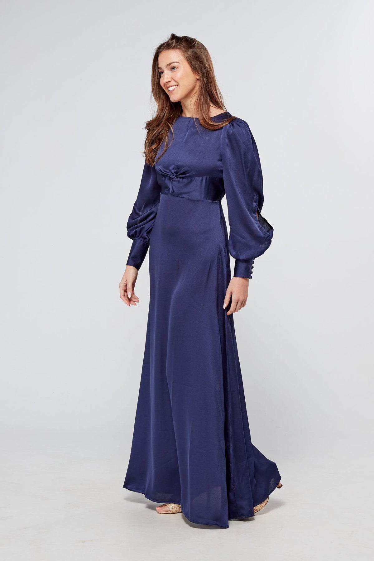 Romy Knotted Front Navy Crepe Maxi Dress - TAHLIRA