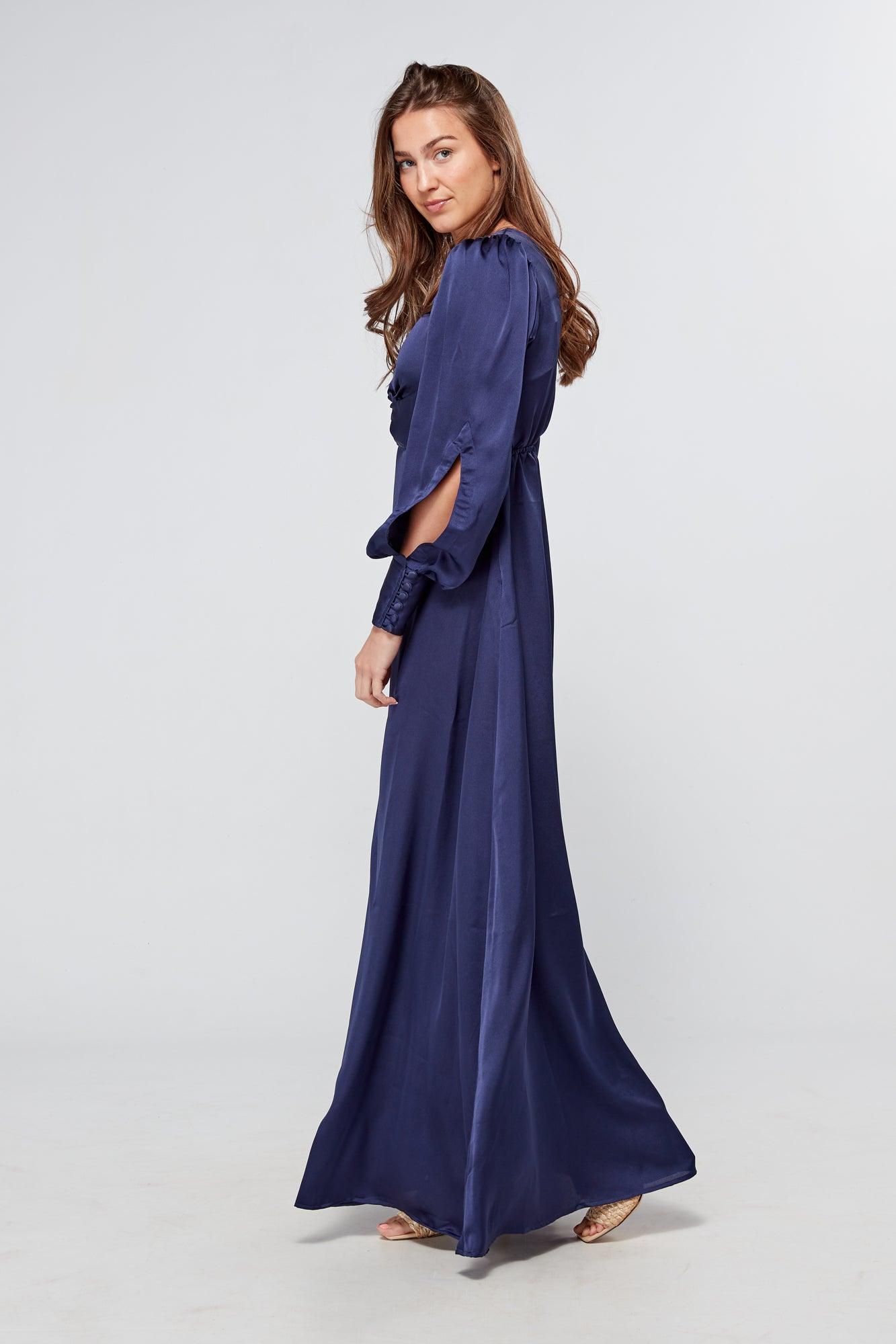 Romy Knotted Front Navy Crepe Maxi Dress - TAHLIRA