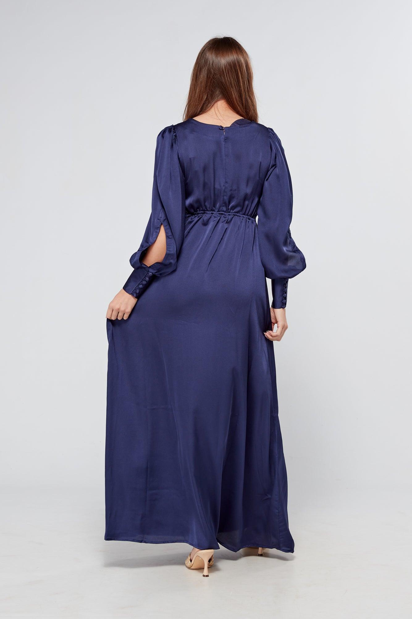 Romy Knotted Front Navy Crepe Maxi Dress - TAHLIRA