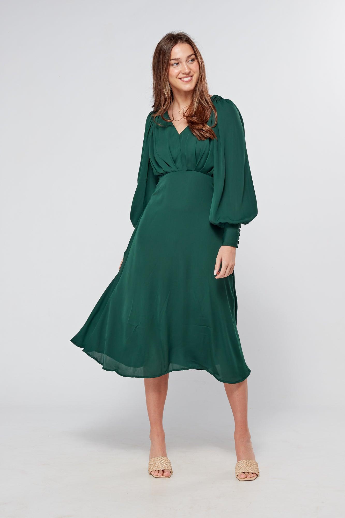 Layalina Emerald Green Midi Dress - TAHLIRA