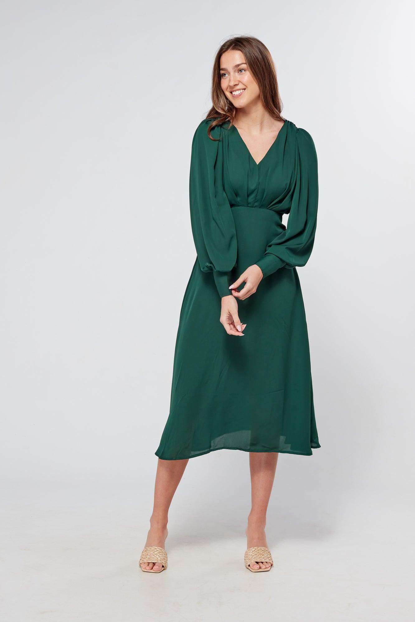 Layalina Emerald Green Midi Dress - TAHLIRA