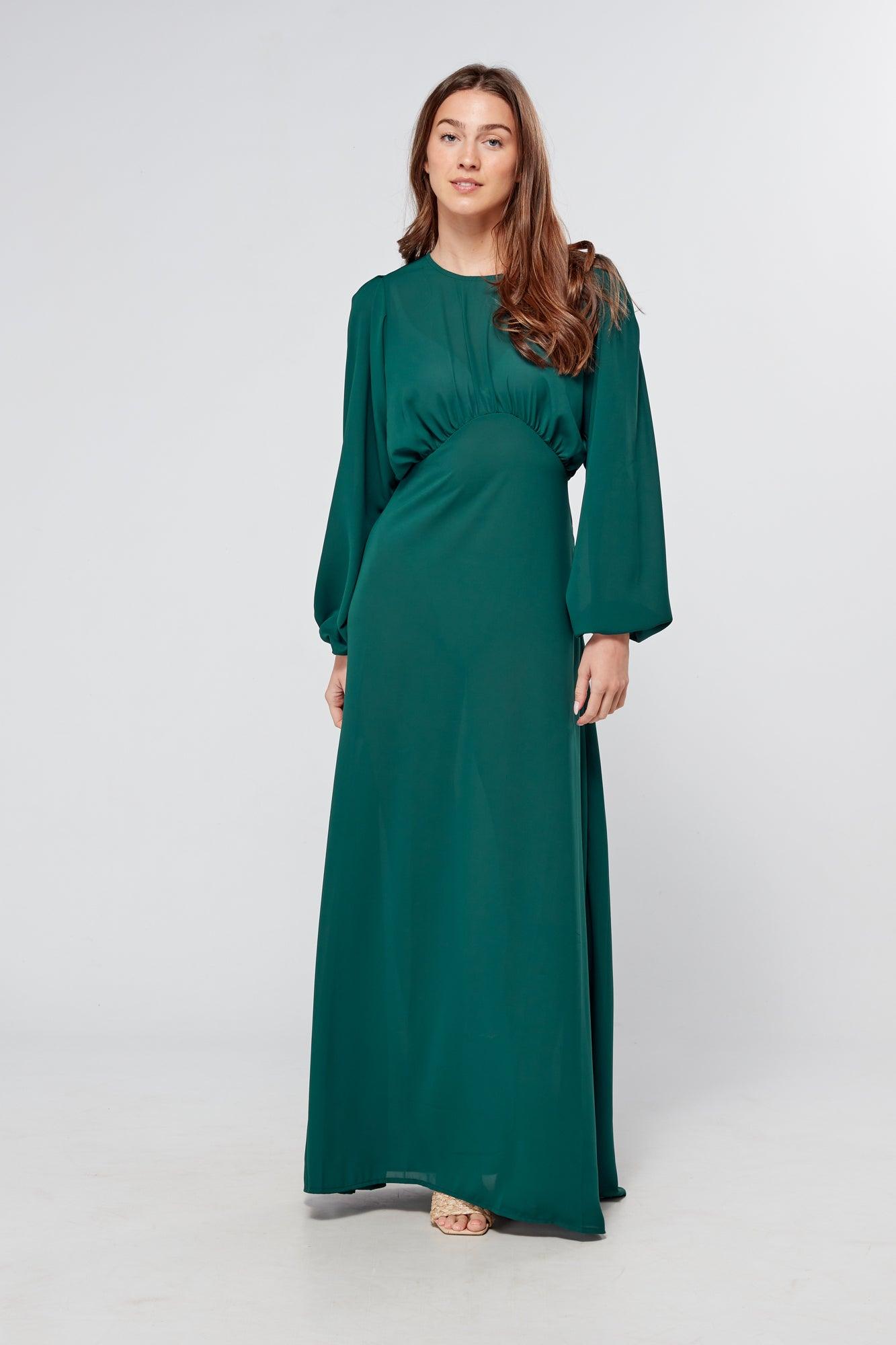 Essina Green Maxi Georgette With String Back And Round Waist Line - TAHLIRA Essina Green Maxi Georgette With String Back And Round Waist Line - TAHLIRA
