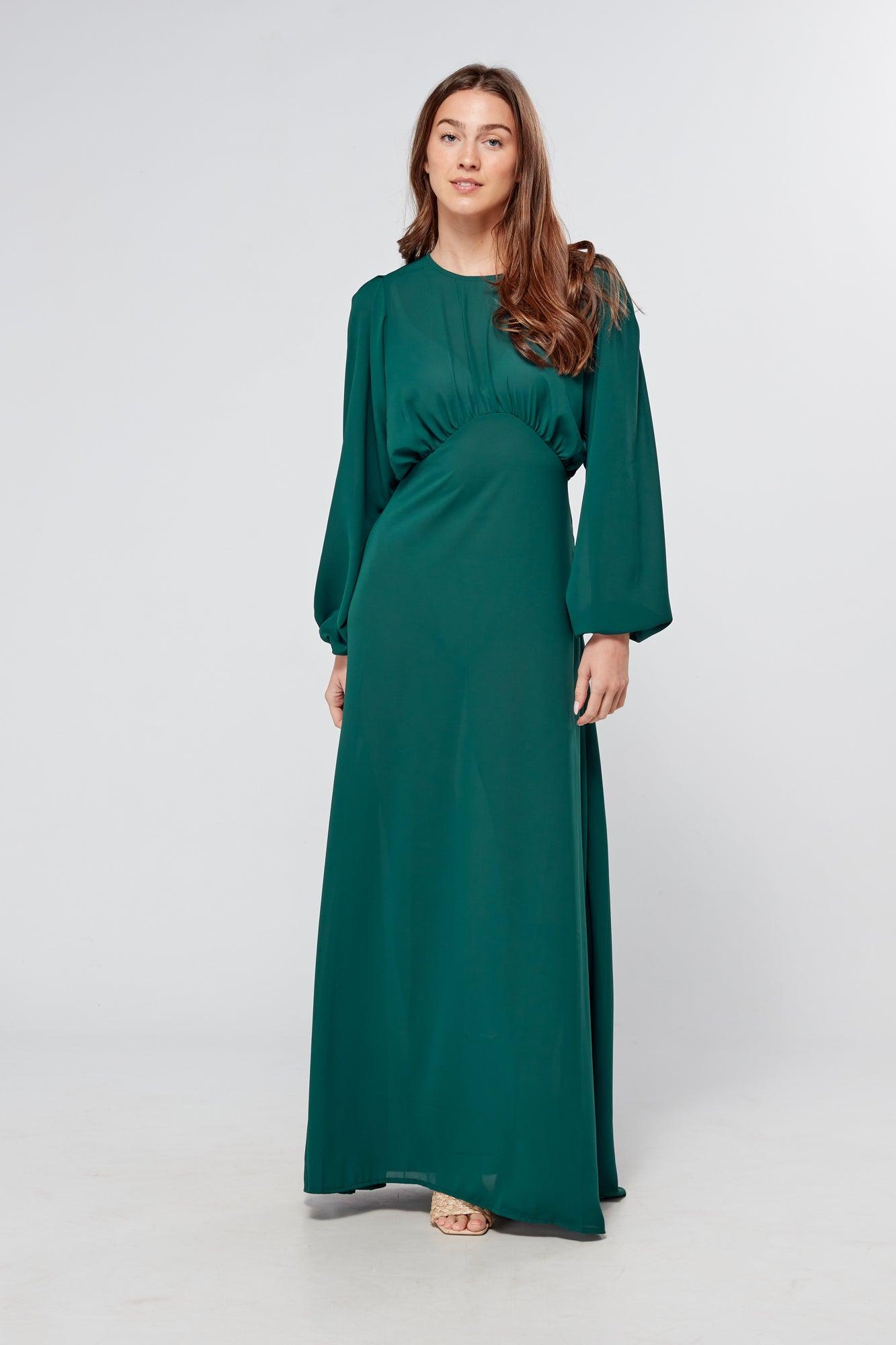 Essina Green Maxi Georgette With String Back And Round Waist Line - TAHLIRA