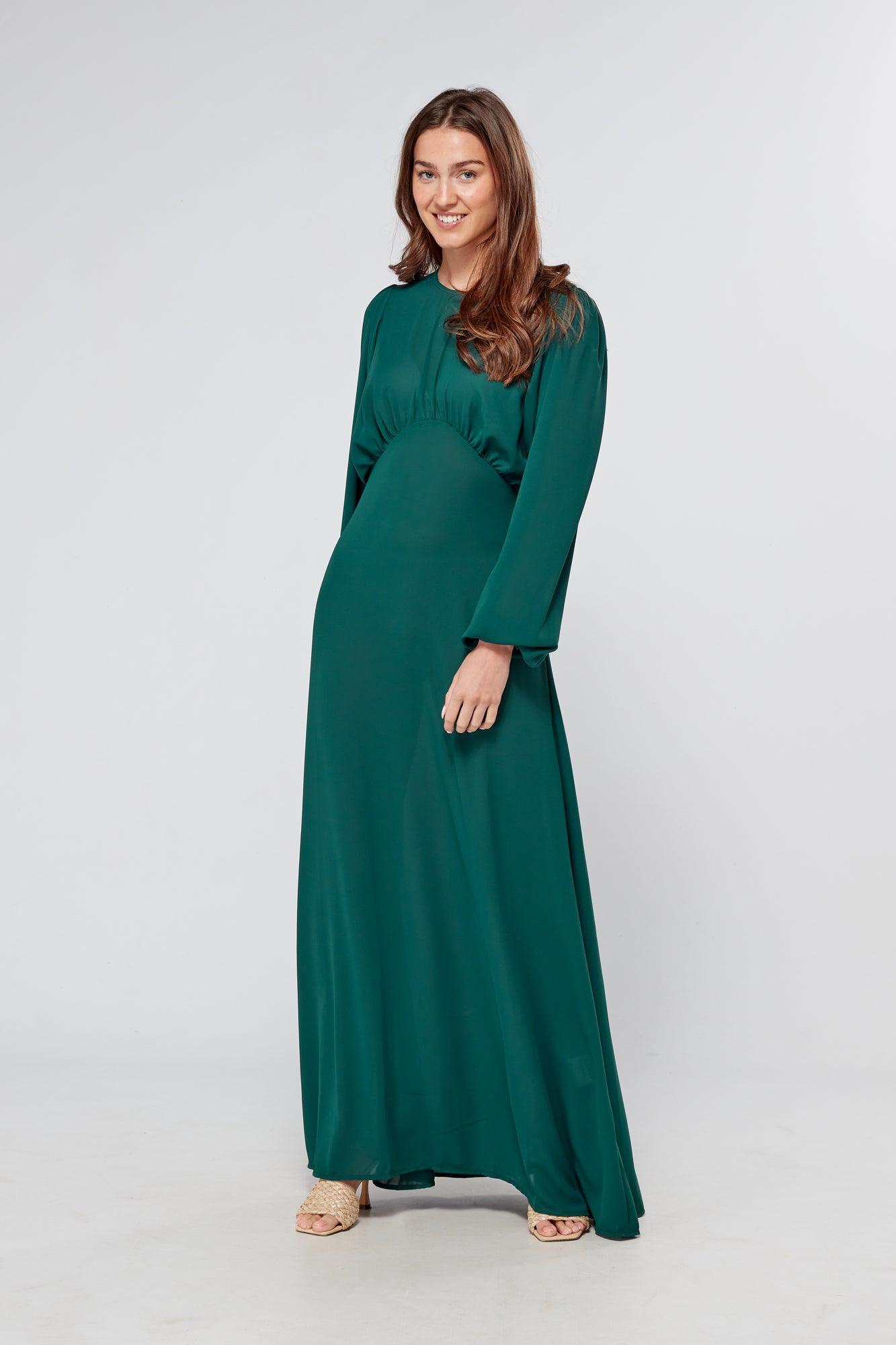 Essina Green Maxi Georgette With String Back And Round Waist Line - TAHLIRA