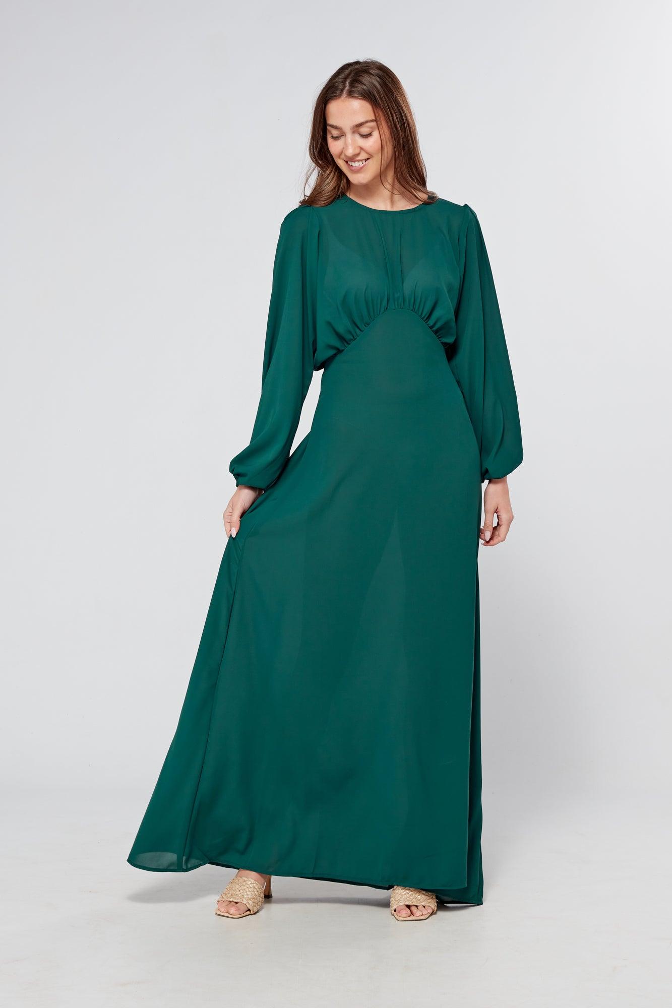 Essina Green Maxi Georgette With String Back And Round Waist Line - TAHLIRA