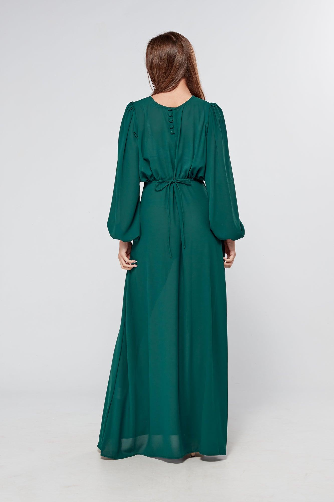 Essina Green Maxi Georgette With String Back And Round Waist Line - TAHLIRA