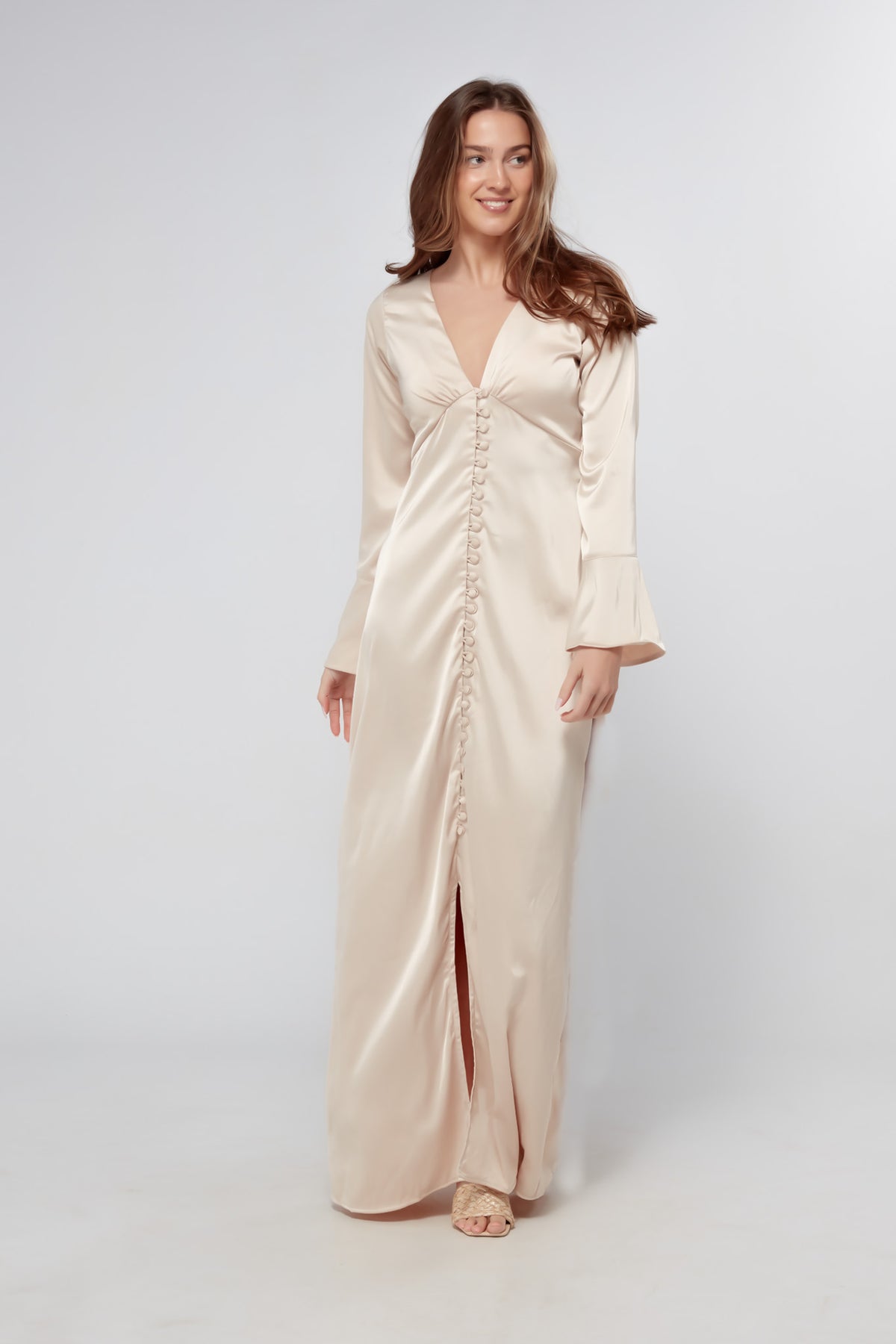 Zulma Matte Champagne Satin Button Front Robe Maxi Dress