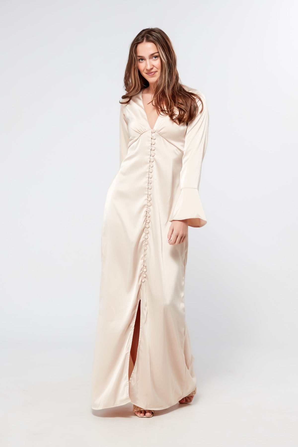 Zulma Matte Champagne Satin Button Front Robe Maxi Dress