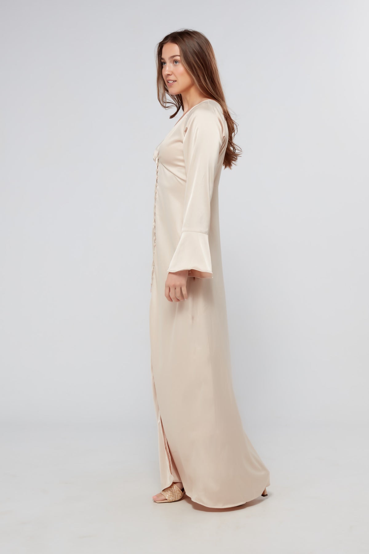 Zulma Matte Champagne Satin Button Front Robe Maxi Dress