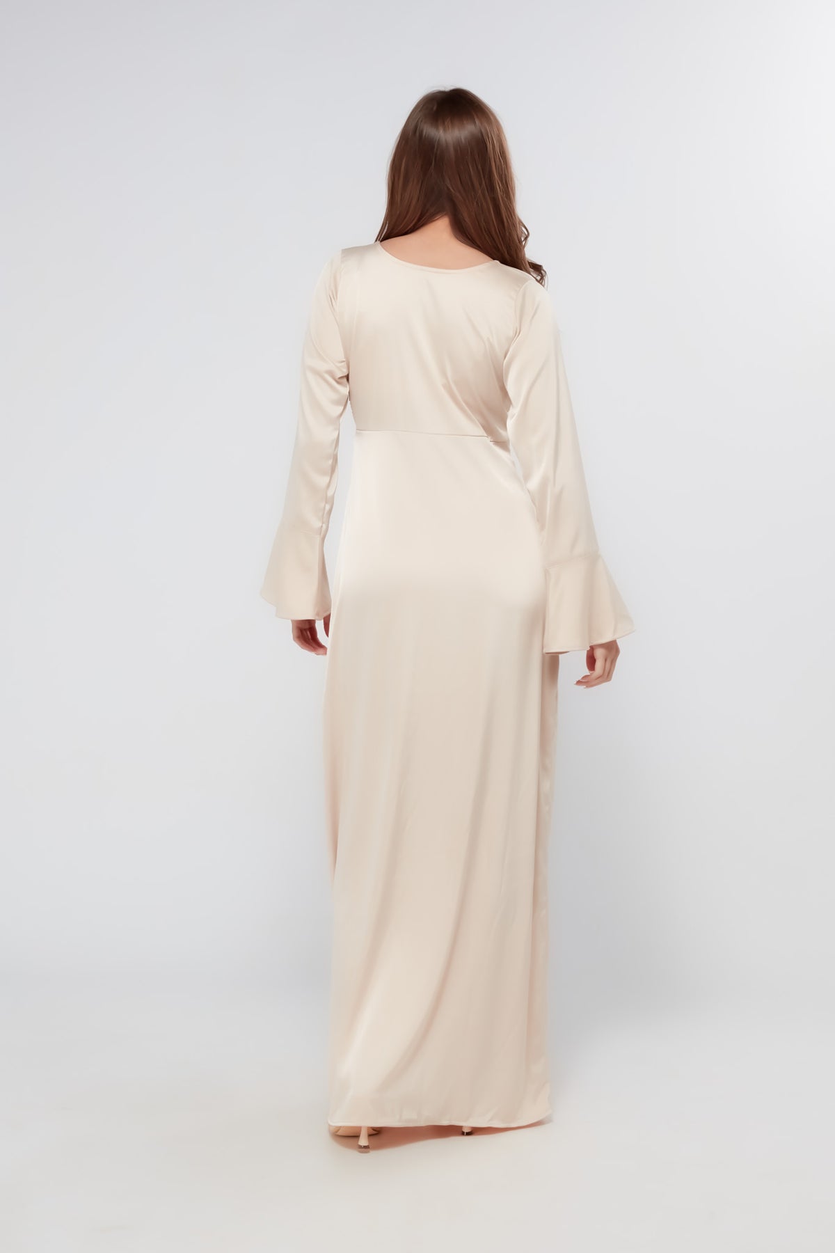 Zulma Matte Champagne Satin Button Front Robe Maxi Dress