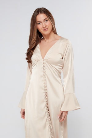 Zulma Matte Champagne Satin Button Front Robe Maxi Dress