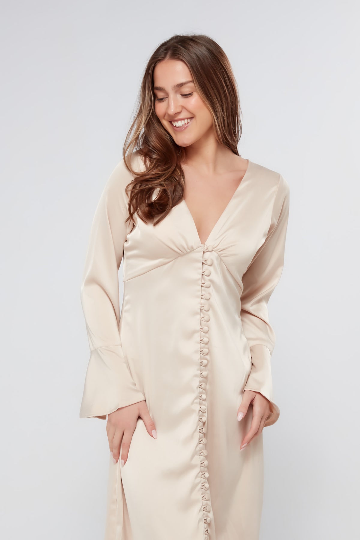 Zulma Matte Champagne Satin Button Front Robe Maxi Dress