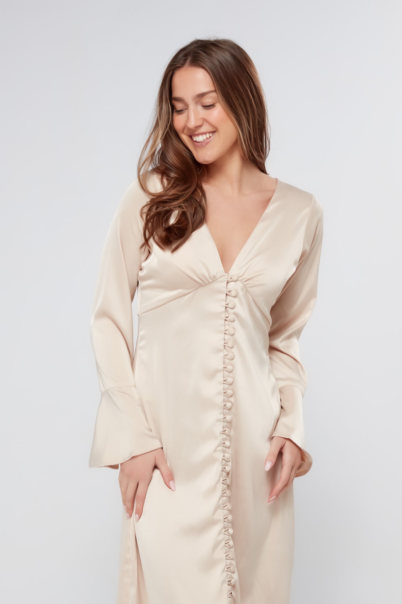 Zulma Matte Champagne Satin Button Front Robe Maxi Dress