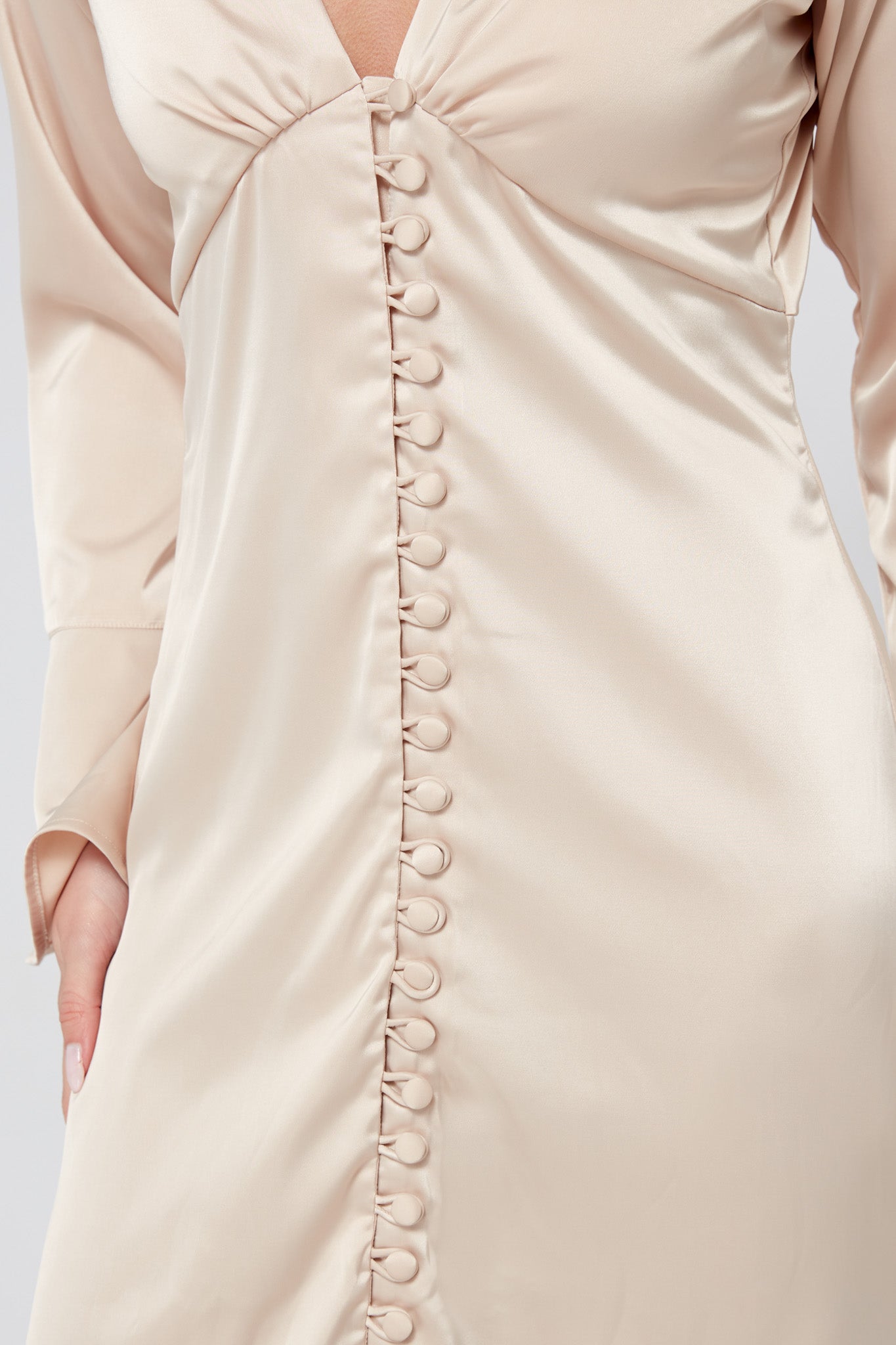 Zulma Matte Champagne Satin Button Front Robe Maxi Dress
