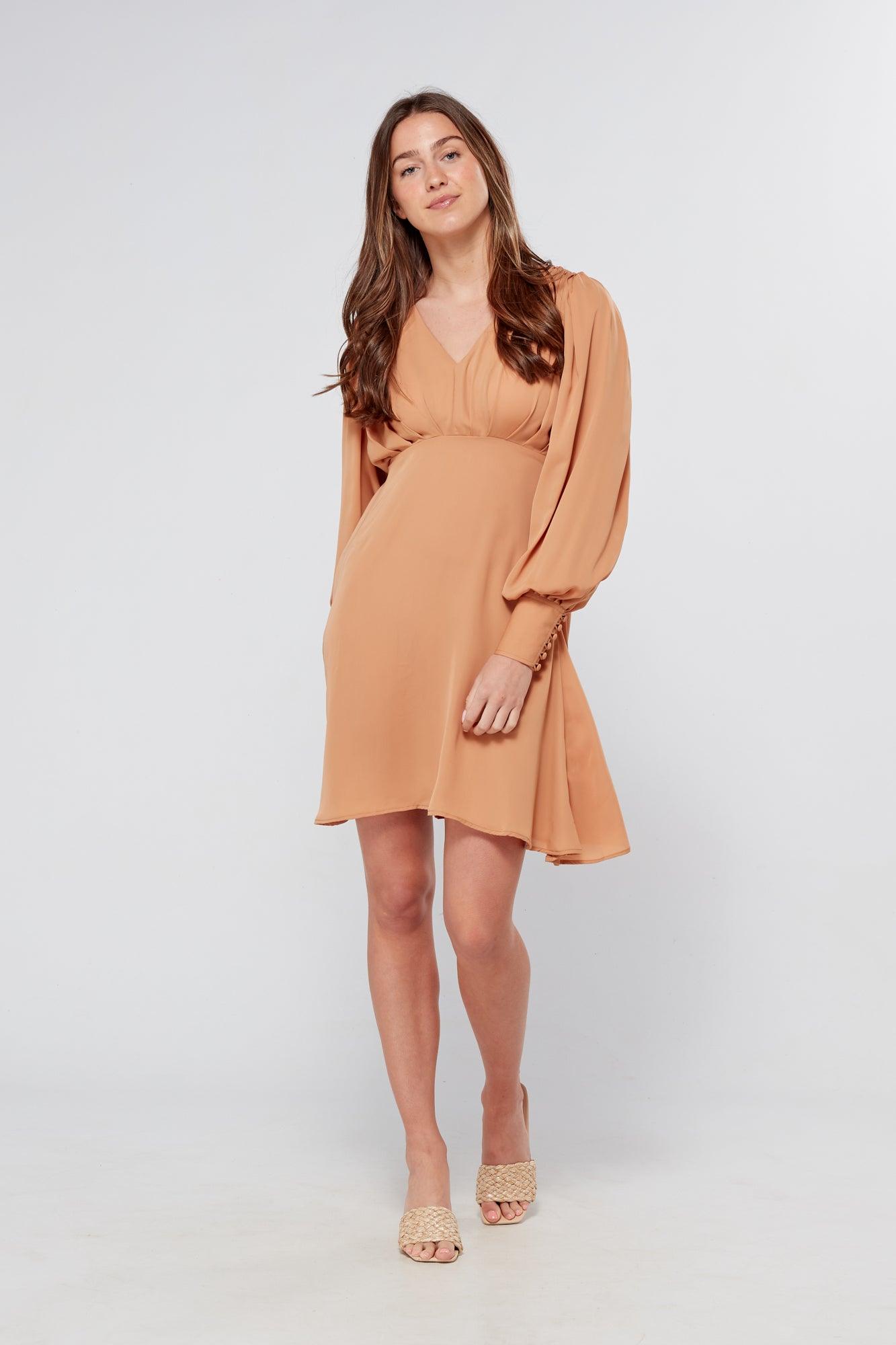 Pia Camel Beige Georgette Mini Dress - TAHLIRA