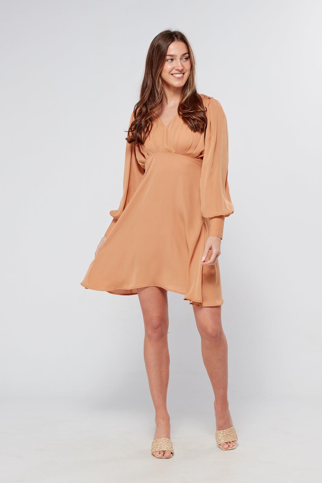 Pia Camel Beige Georgette Mini Dress - TAHLIRA