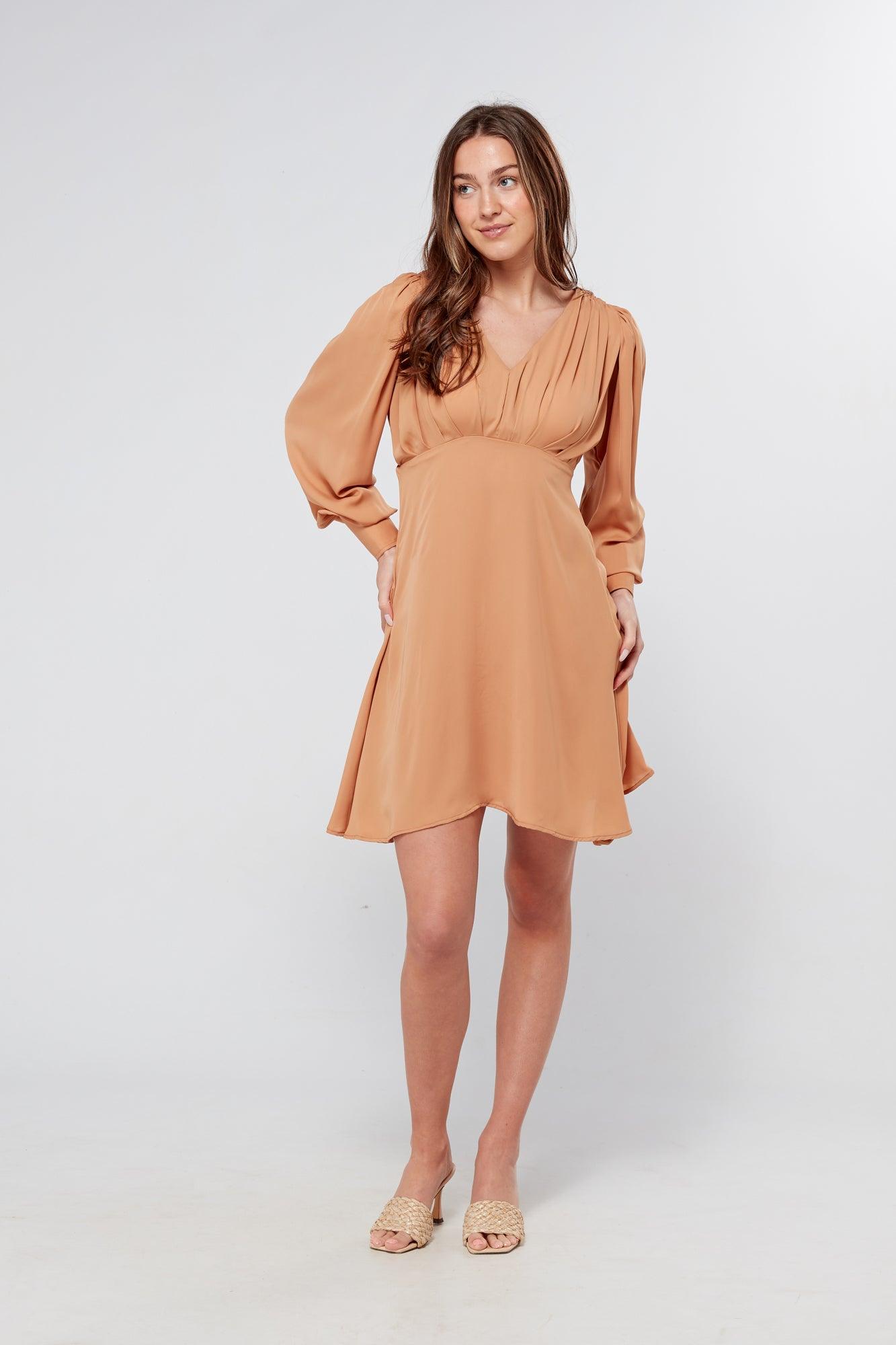 Pia Camel Beige Georgette Mini Dress - TAHLIRA