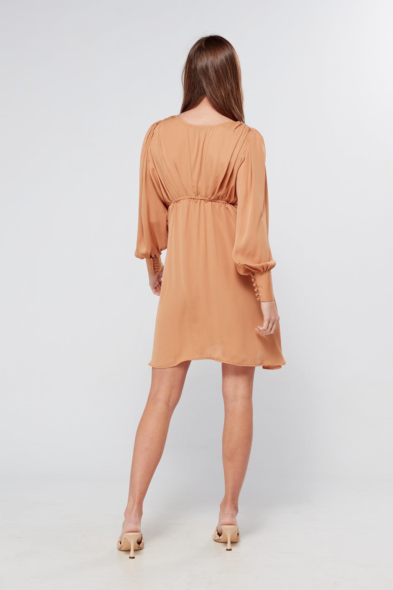 Pia Camel Beige Georgette Mini Dress - TAHLIRA