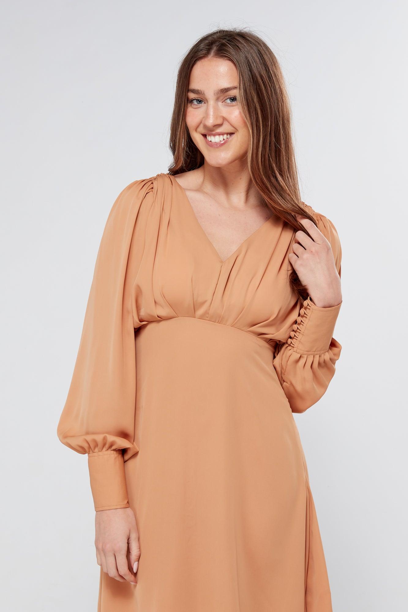 Pia Camel Beige Georgette Mini Dress - TAHLIRA