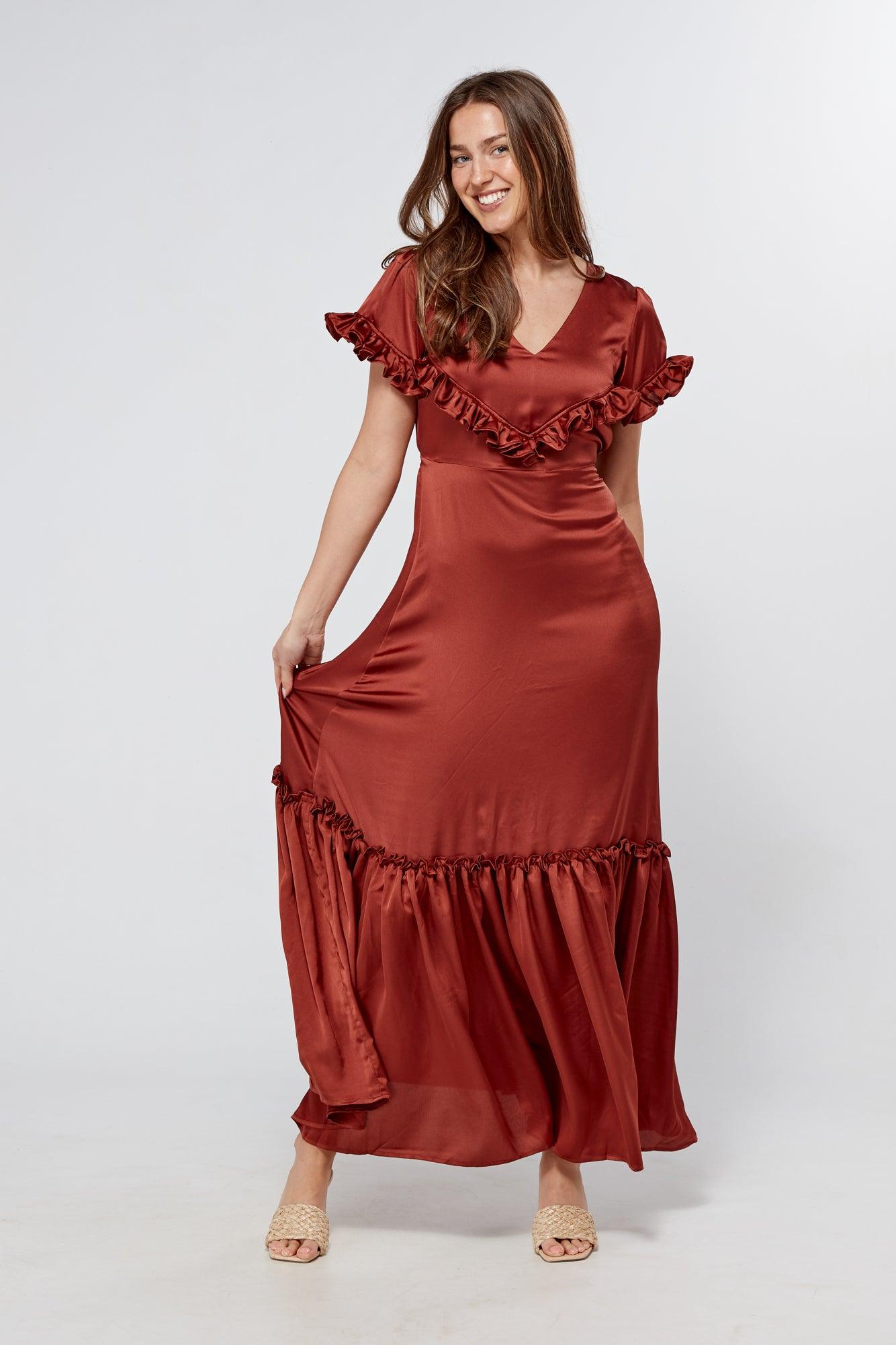 Safira Dark Copper Maxi Dress With Frills And Short Sleeve - TAHLIRA