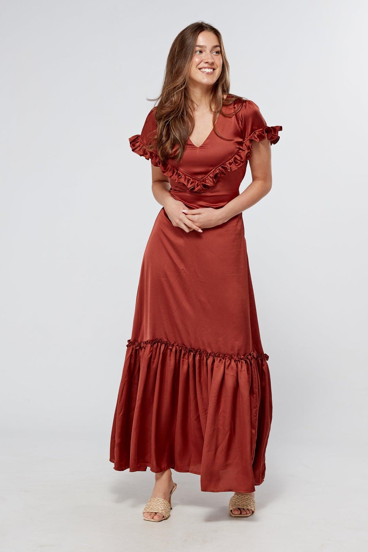 Safira Dark Copper Maxi Dress With Frills And Short Sleeve - TAHLIRA