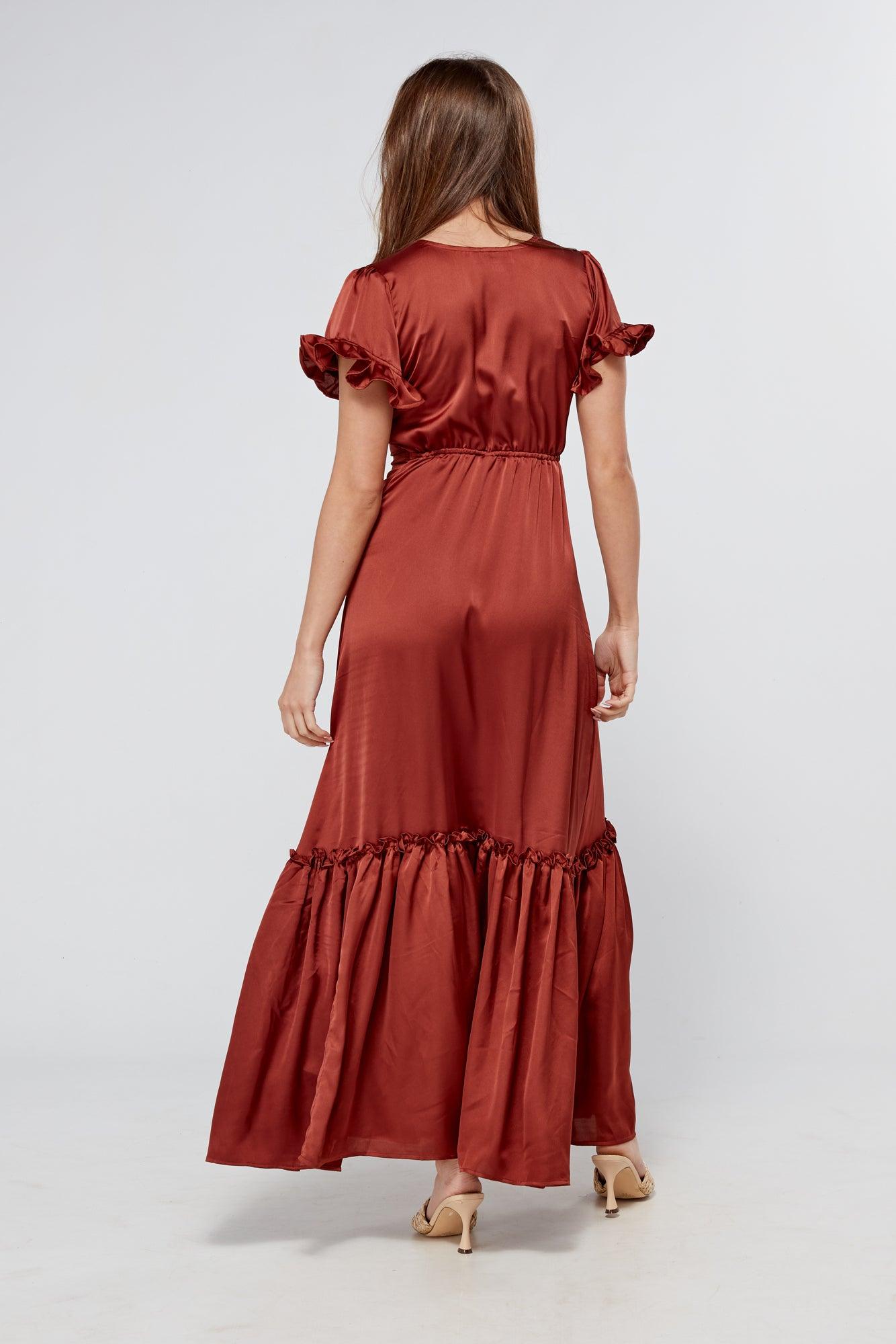 Safira Dark Copper Maxi Dress With Frills And Short Sleeve - TAHLIRA