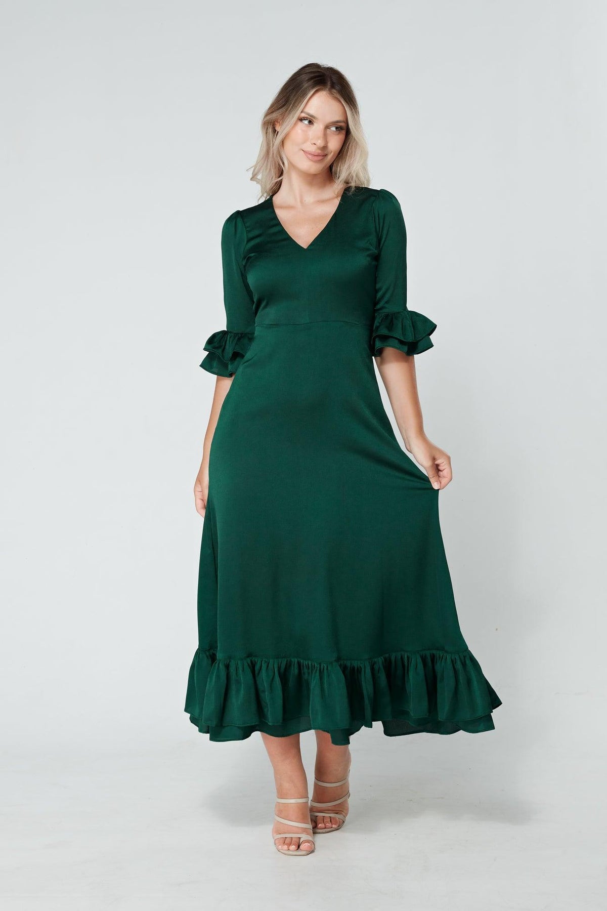 Francesca Frilled Hem Satin-Feel Dark Green Midaxi Dress - TAHLIRA