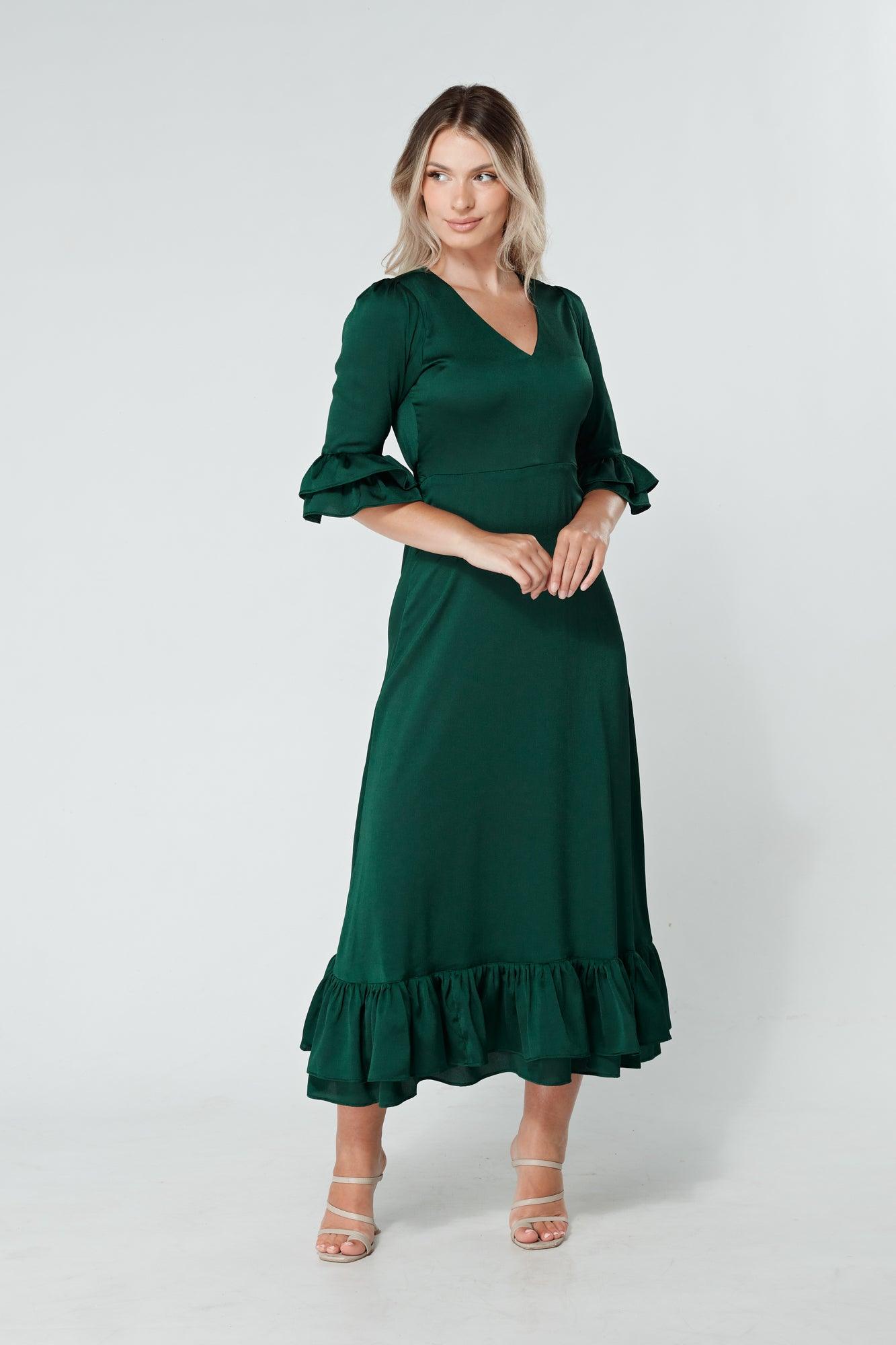 Francesca Frilled Hem Satin-Feel Dark Green Midaxi Dress - TAHLIRA