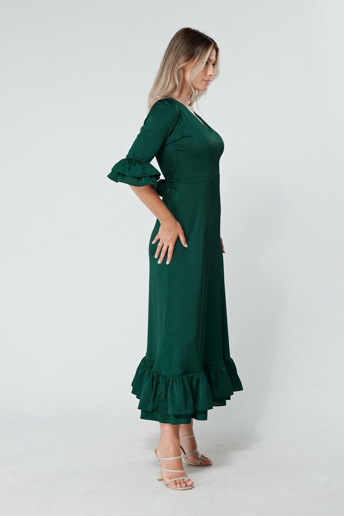 Francesca Frilled Hem Satin-Feel Dark Green Midaxi Dress - TAHLIRA