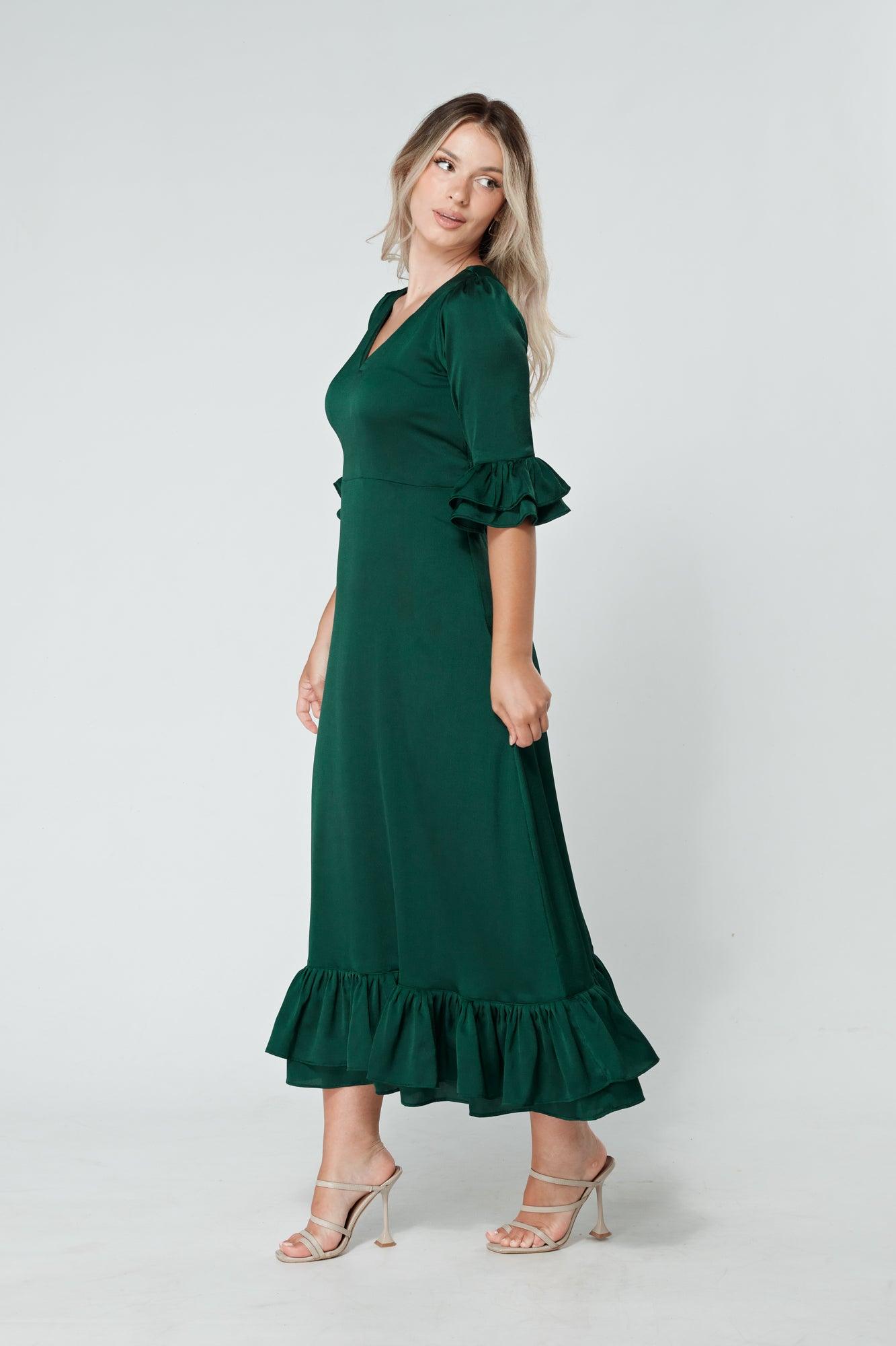 Francesca Frilled Hem Satin-Feel Dark Green Midaxi Dress - TAHLIRA