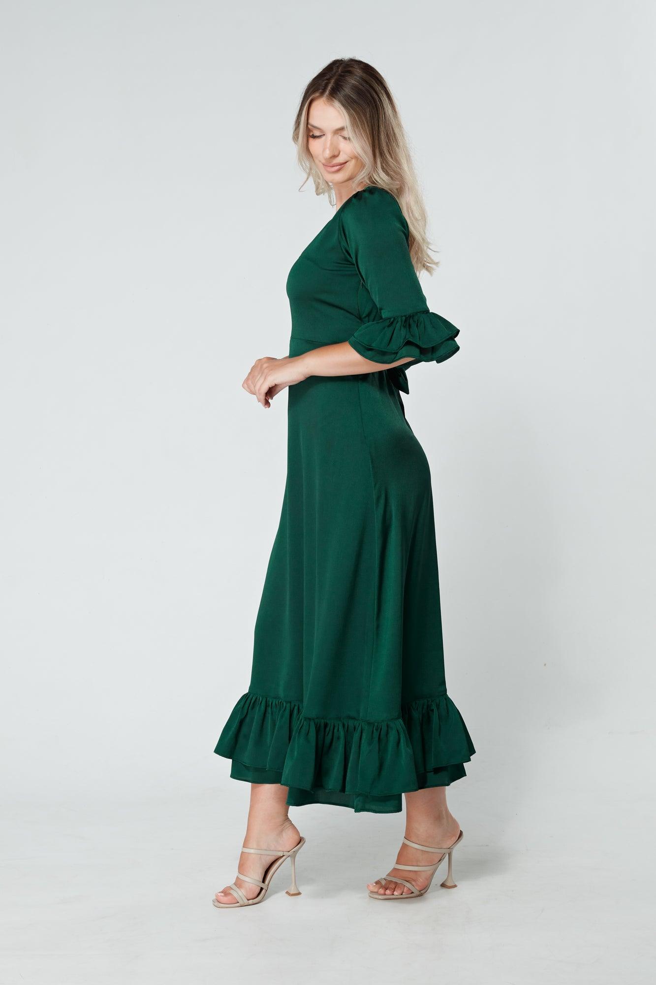 Francesca Frilled Hem Satin-Feel Dark Green Midaxi Dress - TAHLIRA