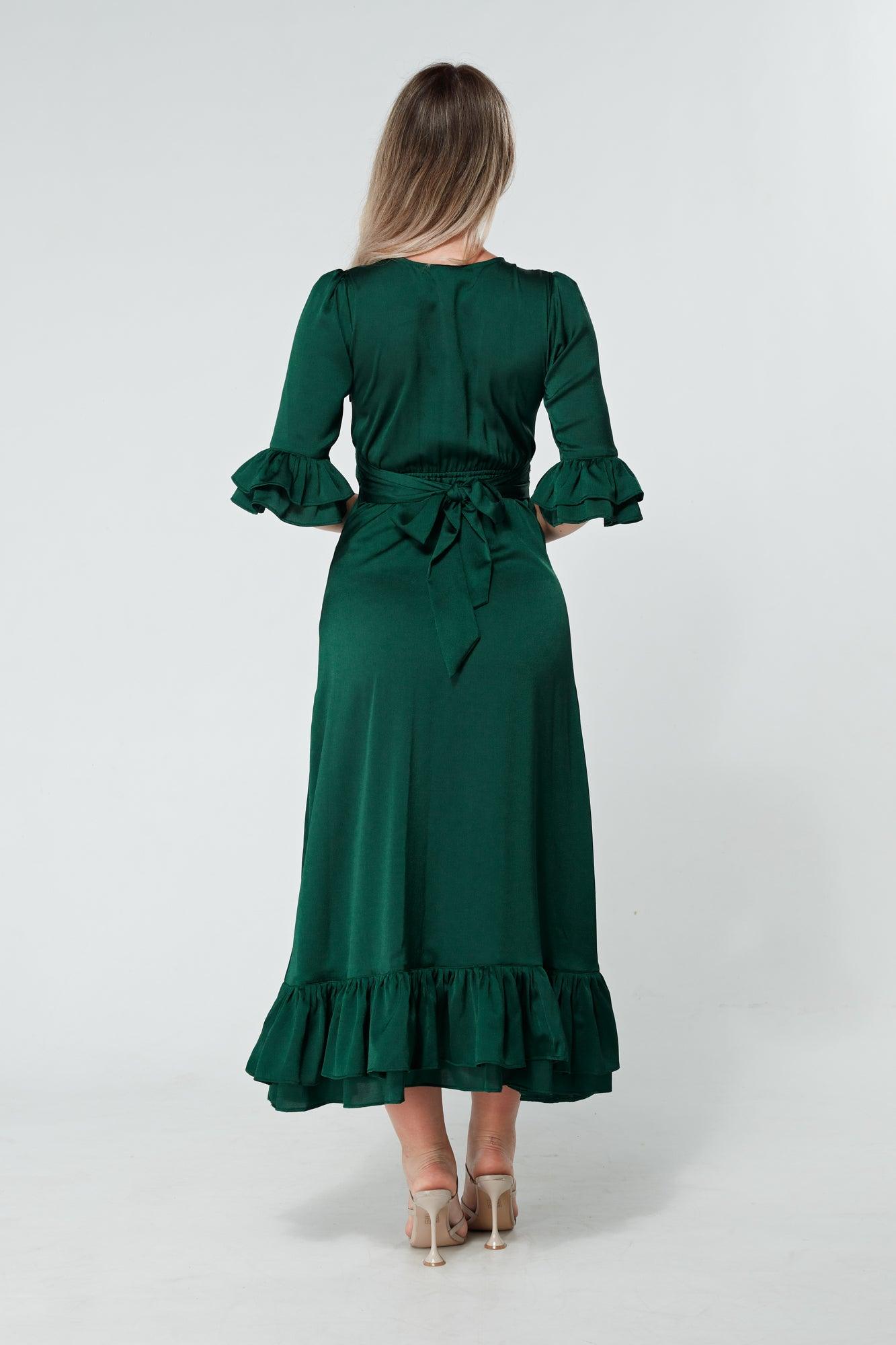 Francesca Frilled Hem Satin-Feel Dark Green Midaxi Dress - TAHLIRA