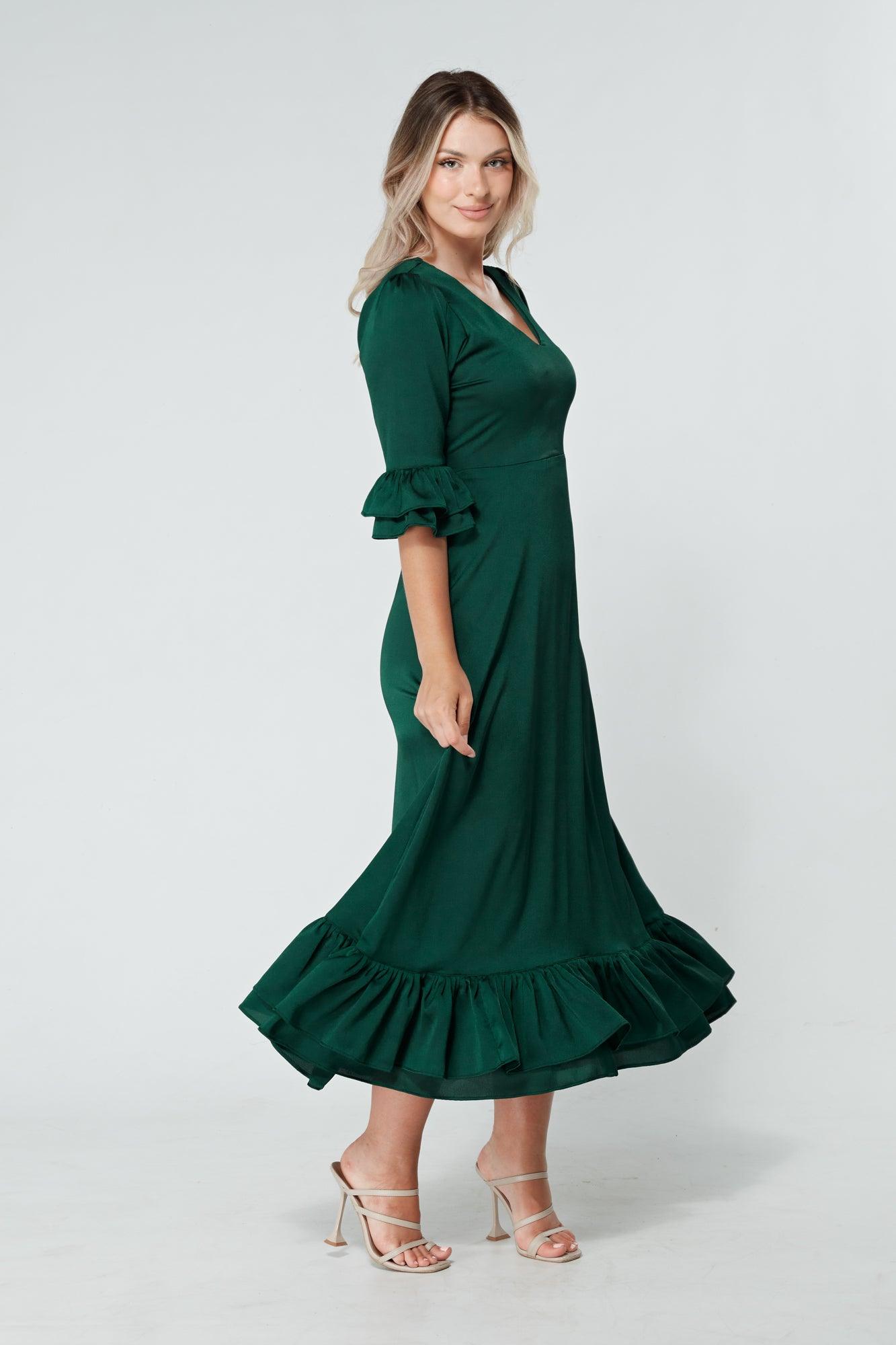 Francesca Frilled Hem Satin-Feel Dark Green Midaxi Dress - TAHLIRA