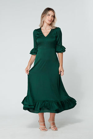 Francesca Frilled Hem Satin-Feel Dark Green Midaxi Dress - TAHLIRA