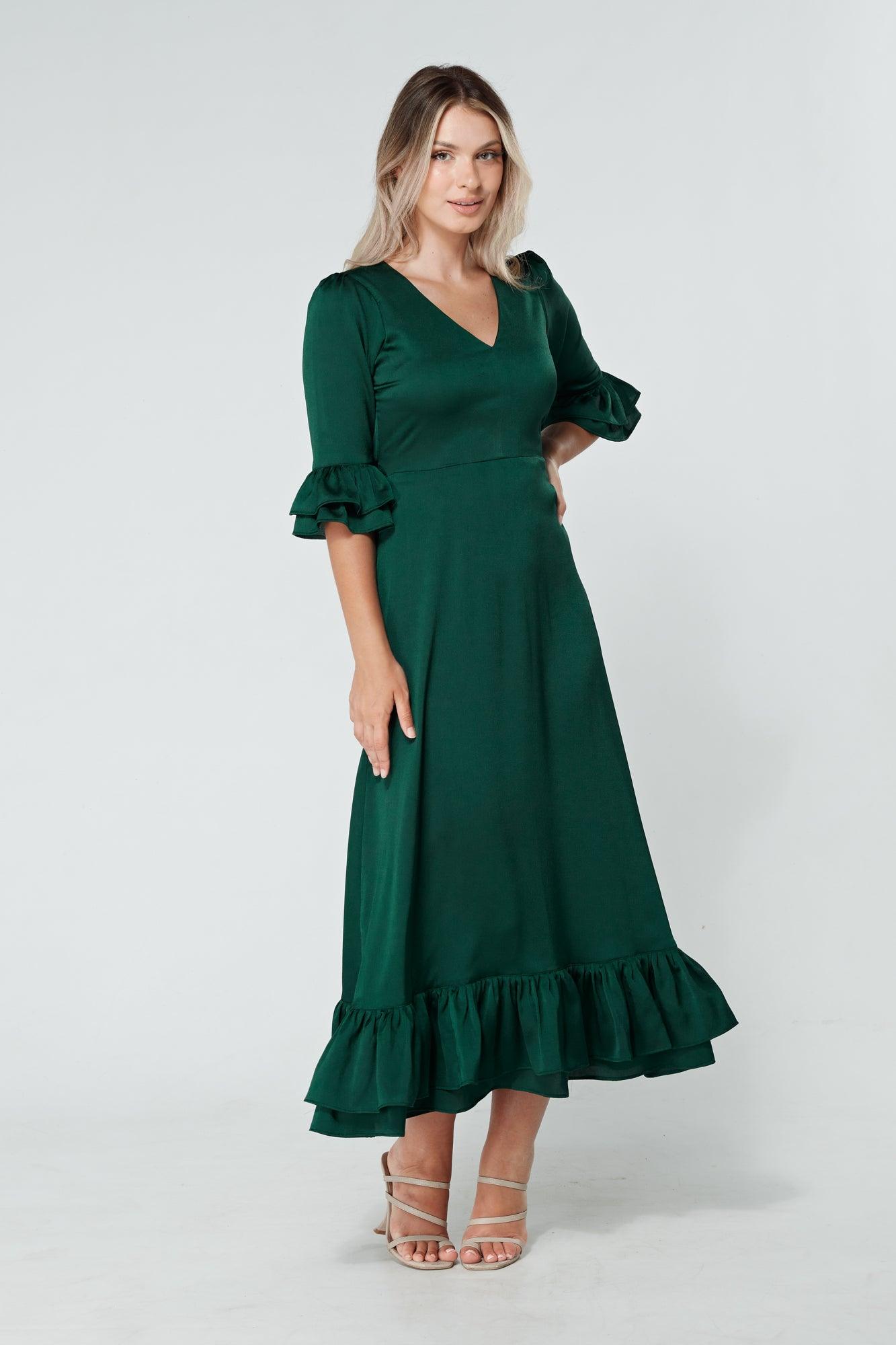 Francesca Frilled Hem Satin-Feel Dark Green Midaxi Dress - TAHLIRA