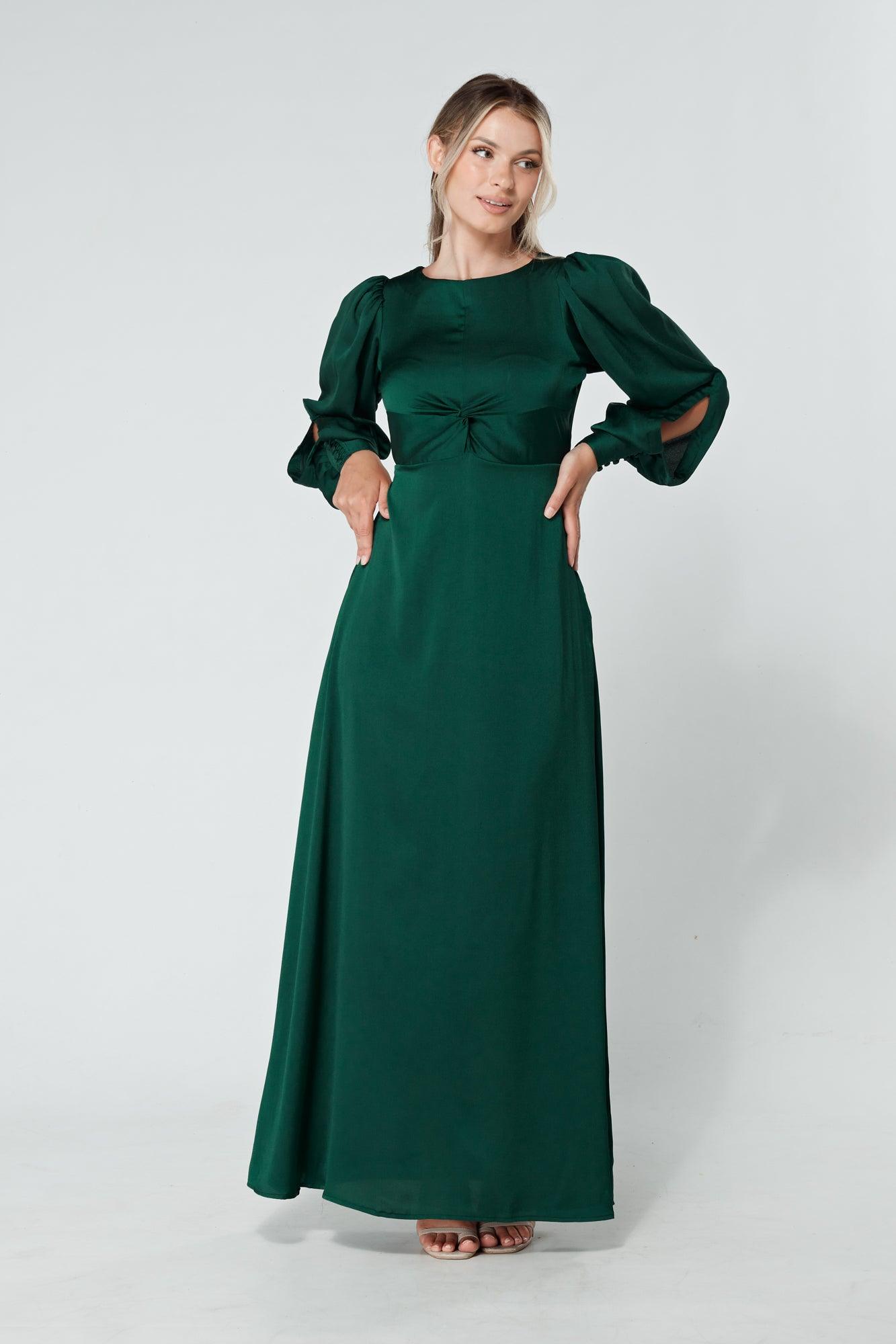 Lila Dark Green Knotted Front Soft Crepe Maxi Dress - TAHLIRA