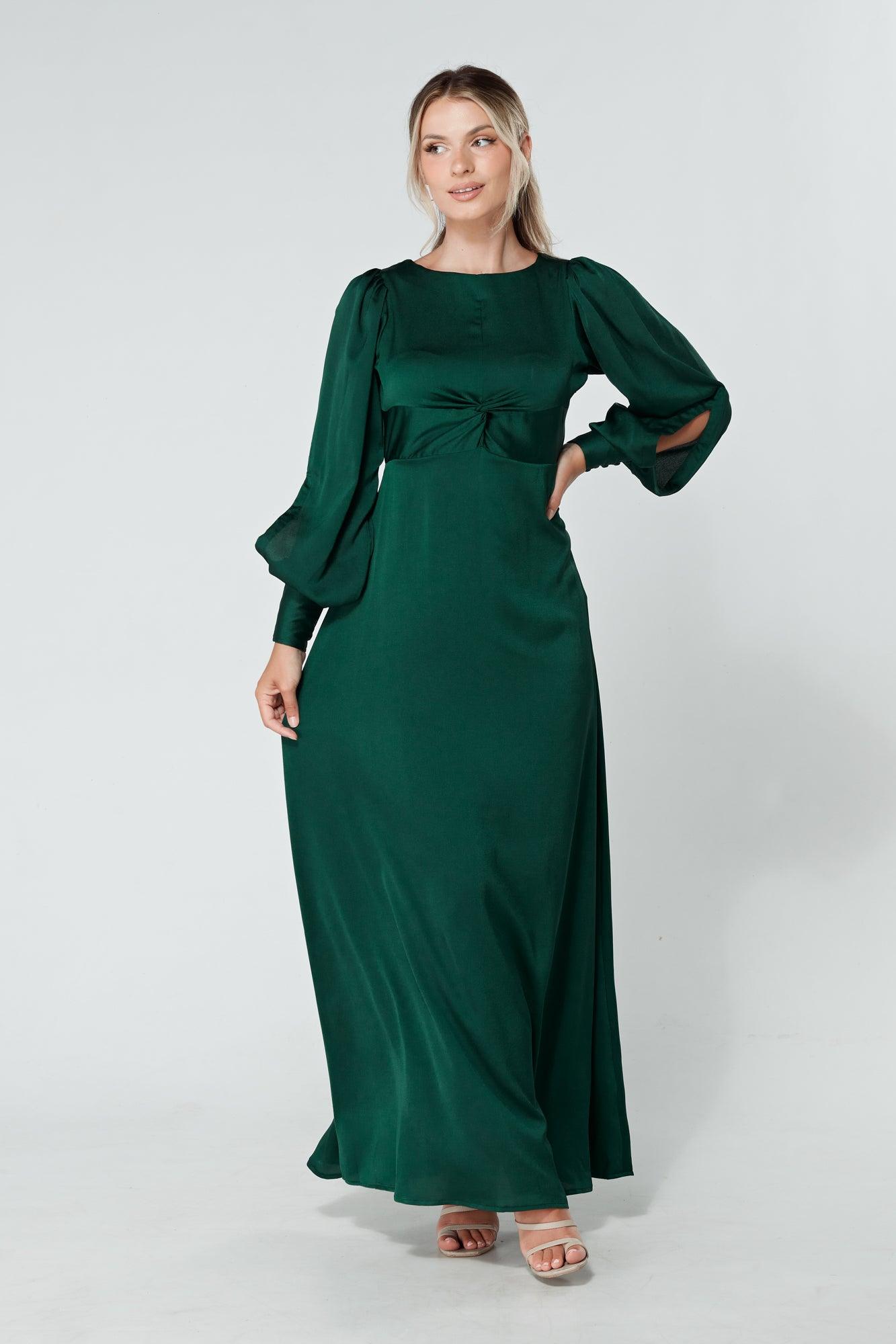 Lila Dark Green Knotted Front Soft Crepe Maxi Dress - TAHLIRA