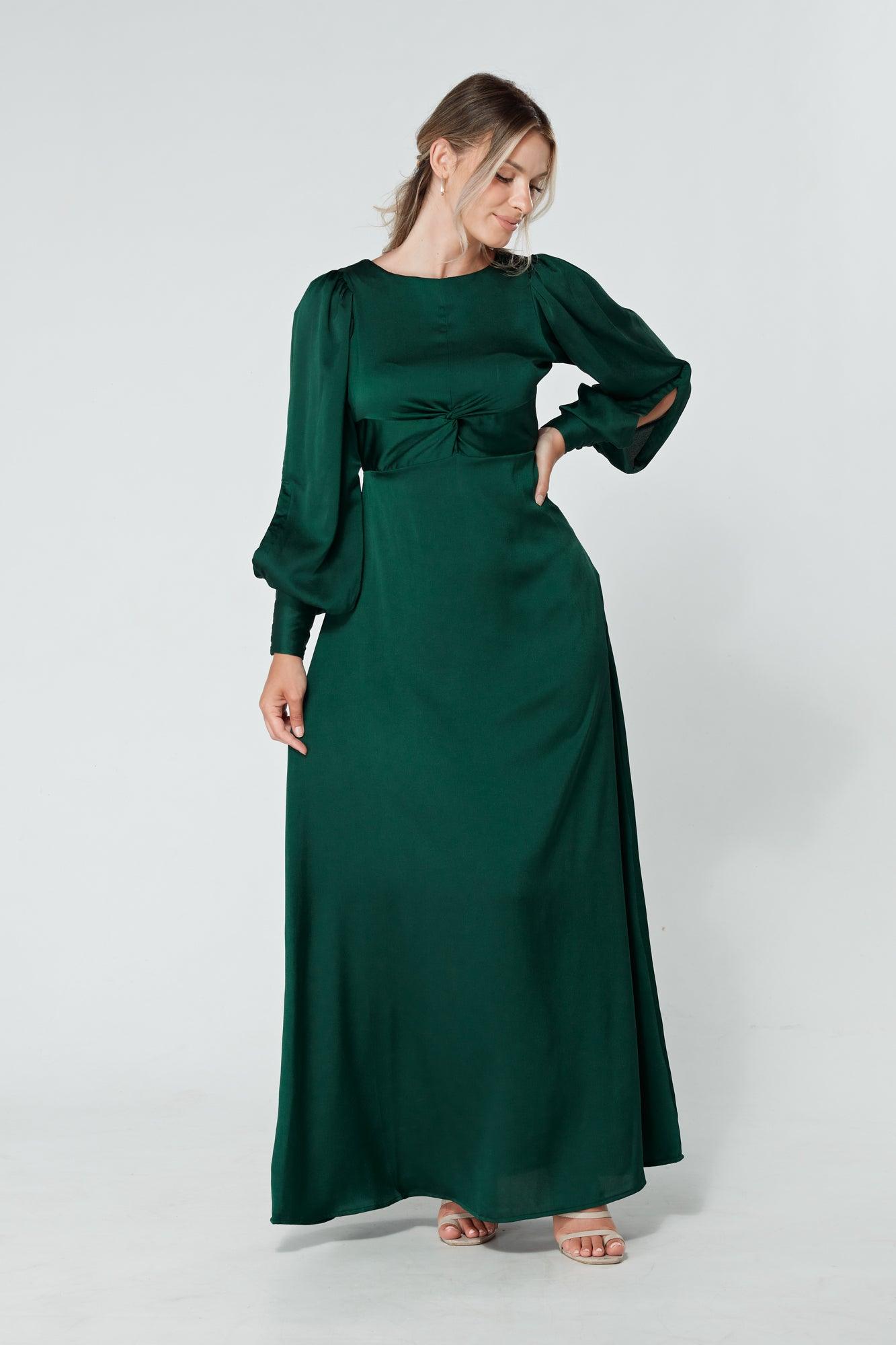 Lila Dark Green Knotted Front Soft Crepe Maxi Dress - TAHLIRA