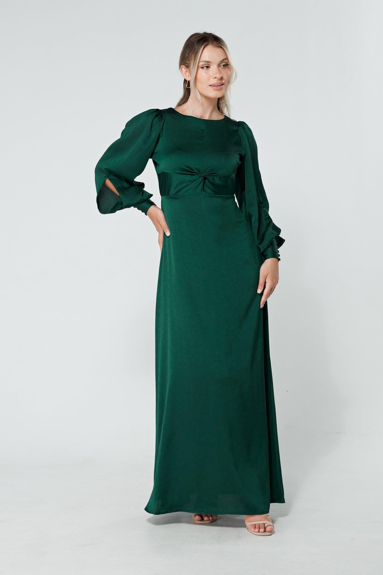 Lila Dark Green Knotted Front Soft Crepe Maxi Dress - TAHLIRA