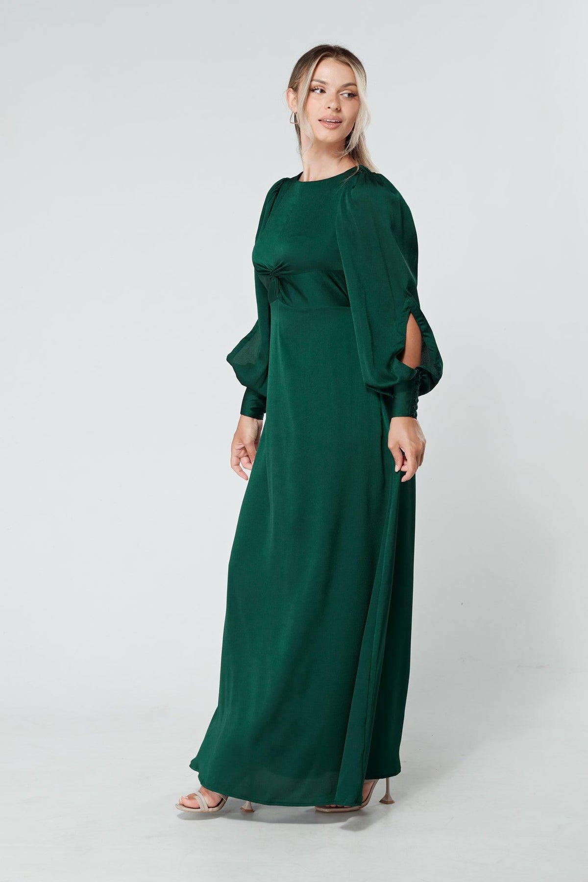 Lila Dark Green Knotted Front Soft Crepe Maxi Dress - TAHLIRA