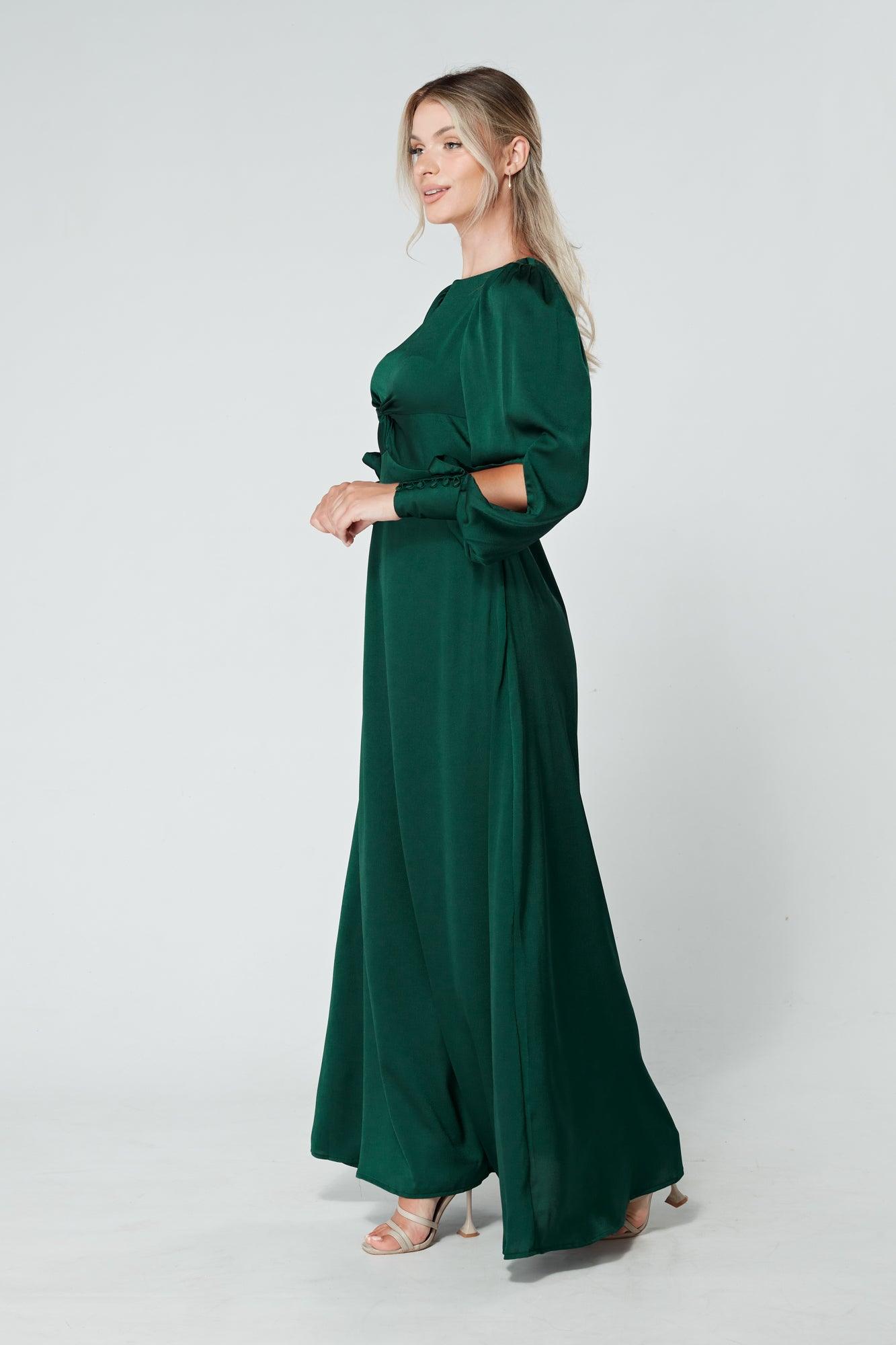 Lila Dark Green Knotted Front Soft Crepe Maxi Dress - TAHLIRA