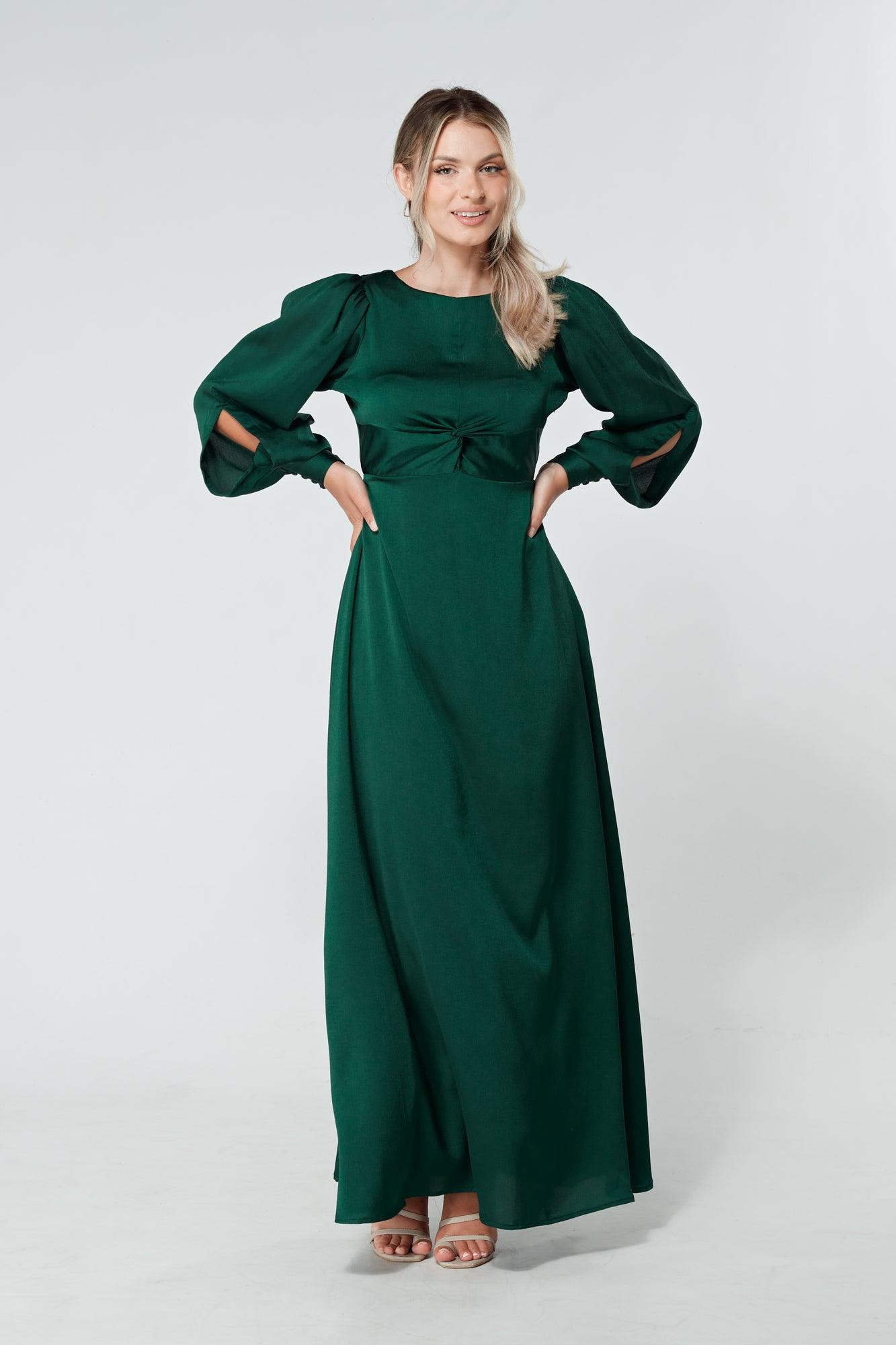 Lila Dark Green Knotted Front Soft Crepe Maxi Dress - TAHLIRA