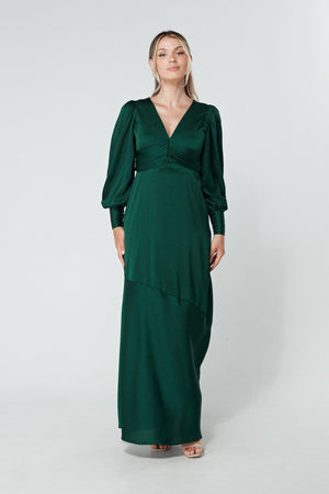 Naomi Dark Green Light Satin-Crepe Maxi Dress With Long Sleeves - TAHLIRA