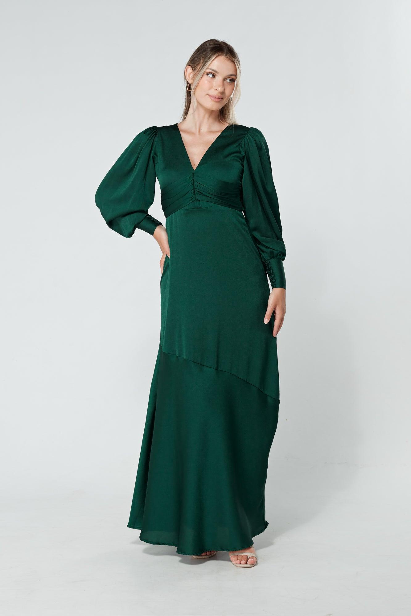 Naomi Dark Green Light Satin-Crepe Maxi Dress With Long Sleeves - TAHLIRA