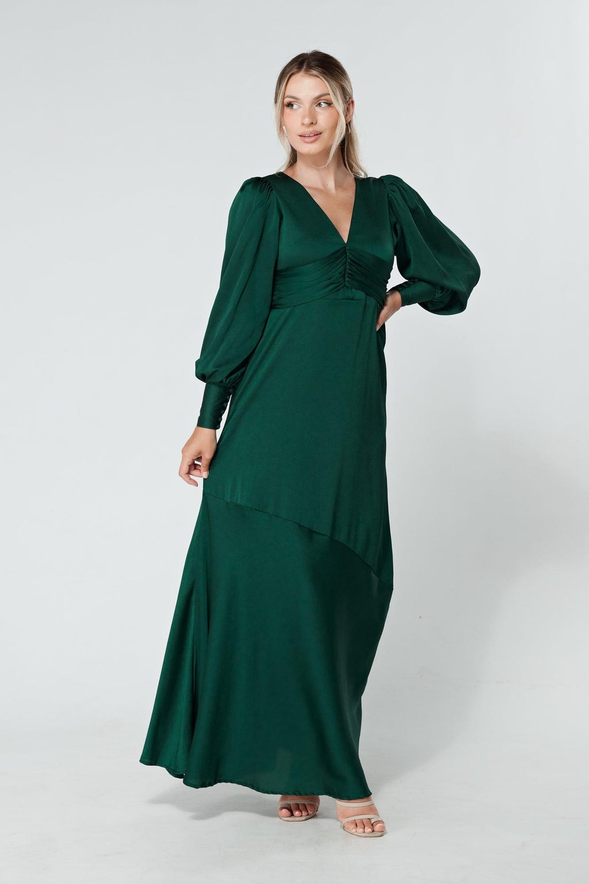 Naomi Dark Green Light Satin-Crepe Maxi Dress With Long Sleeves - TAHLIRA