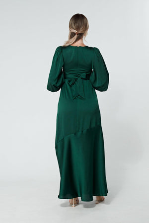 Naomi Dark Green Light Satin-Crepe Maxi Dress With Long Sleeves - TAHLIRA